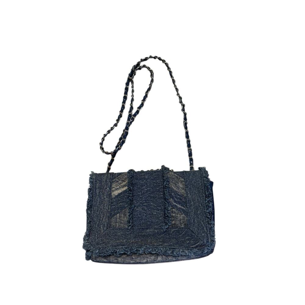 Chicos Denim Fringe Trim Flap Shoulder Crossbody / Shoulder Bag
